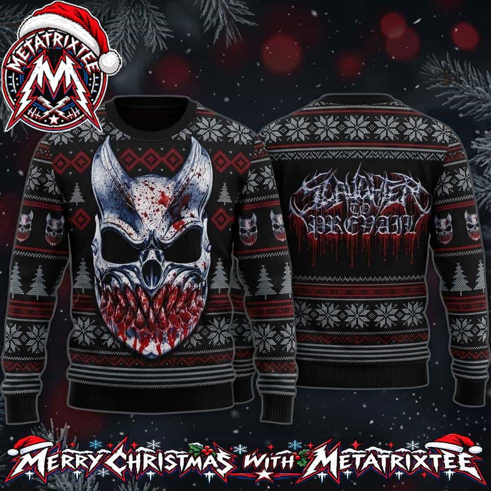 Slaughter to Prevail Chrome Mask Bloody Horned Skull And Band Logo With Holiday Snowflakes Patterns 2026 Knitted Ugly Christmas Sweater Slaughter to Prevail Chrome Mask Bloody Horned Skull And Band Logo With Holiday Snowflakes Patterns 2026 Knitted Ugly Christmas Sweater