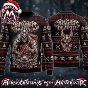 Slaughter to Prevail Masked Figure Holding Hammer And Skulls Holiday Christmas Xmas Ugly Christmas Sweater
