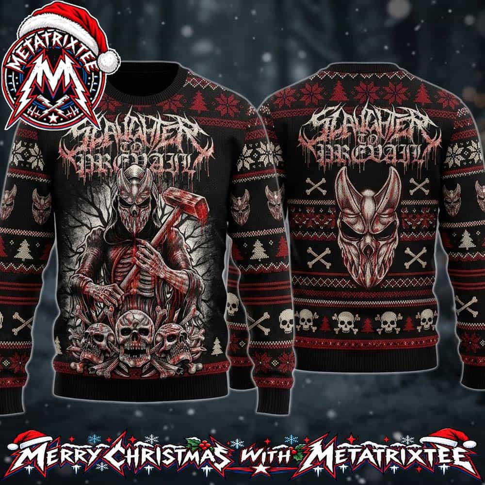 Slaughter to Prevail Masked Figure Holding Hammer And Skulls Holiday Christmas Xmas Ugly Christmas Sweater Slaughter to Prevail Masked Figure Holding Hammer And Skulls Holiday Christmas Xmas Ugly Christmas Sweater