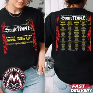 Sonic Temple Art And Music Festival 2027 Lineup Poster-Blink-182 And Iron Maiden And Falling In Reverse And Korn For Columbus OH On May 13-16 Two Sided Print T-Shirt