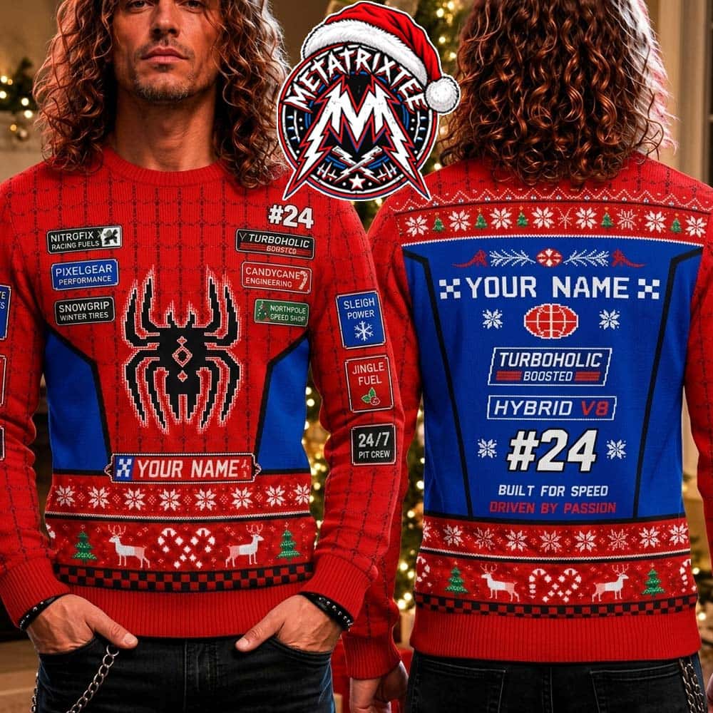 Spider Racing Hybrid V8 Number 24 Custom Name And Number 2026 Knitted Ugly Christmas Sweater Spider Racing Hybrid V8 Number 24 Custom Name And Number 2026 Knitted Ugly Christmas Sweater
