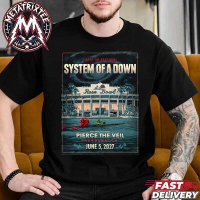Black graphic t-shirt featuring a framed System Of A Down concert poster design set outside the Rose Bowl with a fallen red rose.
