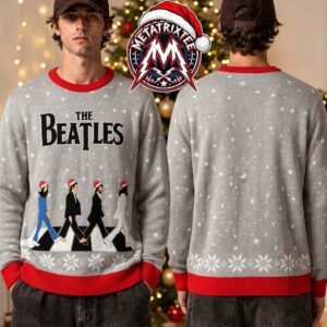 The Beatles Abbey Road Crossing In Santa Hats Gray Pattern Holiday Christmas Xmas Ugly Christmas Sweater