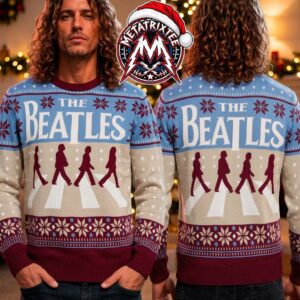 The Beatles Abbey Road Silhouette Blue And Cream 2026 Knitted Ugly Christmas Sweater