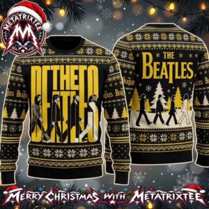 The Beatles Black And Yellow Band Typography With Iconic Walking Silhouettes And Holiday Nordic Patterns 2026 Knitted Ugly Christmas Sweater