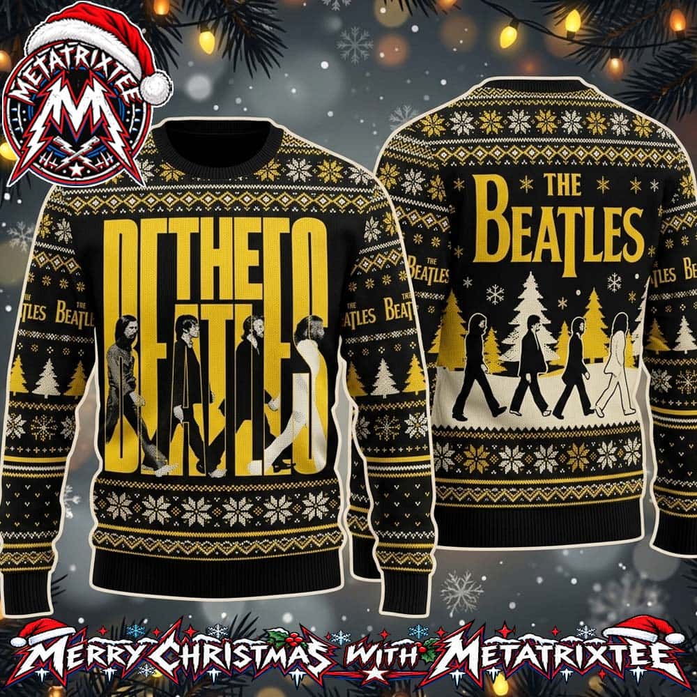 The Beatles Black And Yellow Band Typography With Iconic Walking Silhouettes And Holiday Nordic Patterns 2026 Knitted Ugly Christmas Sweater The Beatles Black And Yellow Band Typography With Iconic Walking Silhouettes And Holiday Nordic Patterns 2026 Knitted Ugly Christmas Sweater