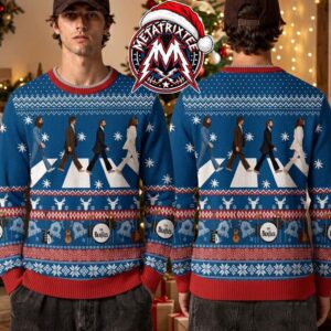 The Beatles Blue And Red Abbey Road Crossing Snowflakes Reindeer Knitted Ugly Christmas Sweater