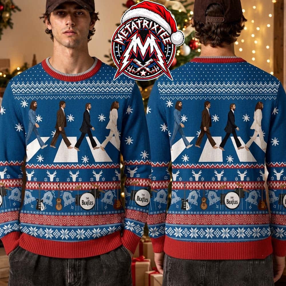 The Beatles Blue And Red Abbey Road Crossing Snowflakes Reindeer Knitted Ugly Christmas Sweater The Beatles Blue And Red Abbey Road Crossing Snowflakes Reindeer Knitted Ugly Christmas Sweater