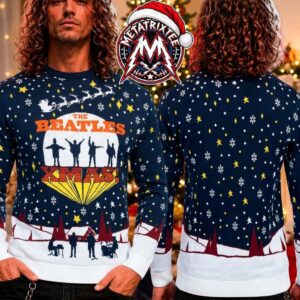 The Beatles Rock Band Silhouette Snowy Village And Santa Sleigh Holiday Christmas Xmas Ugly Christmas Sweater