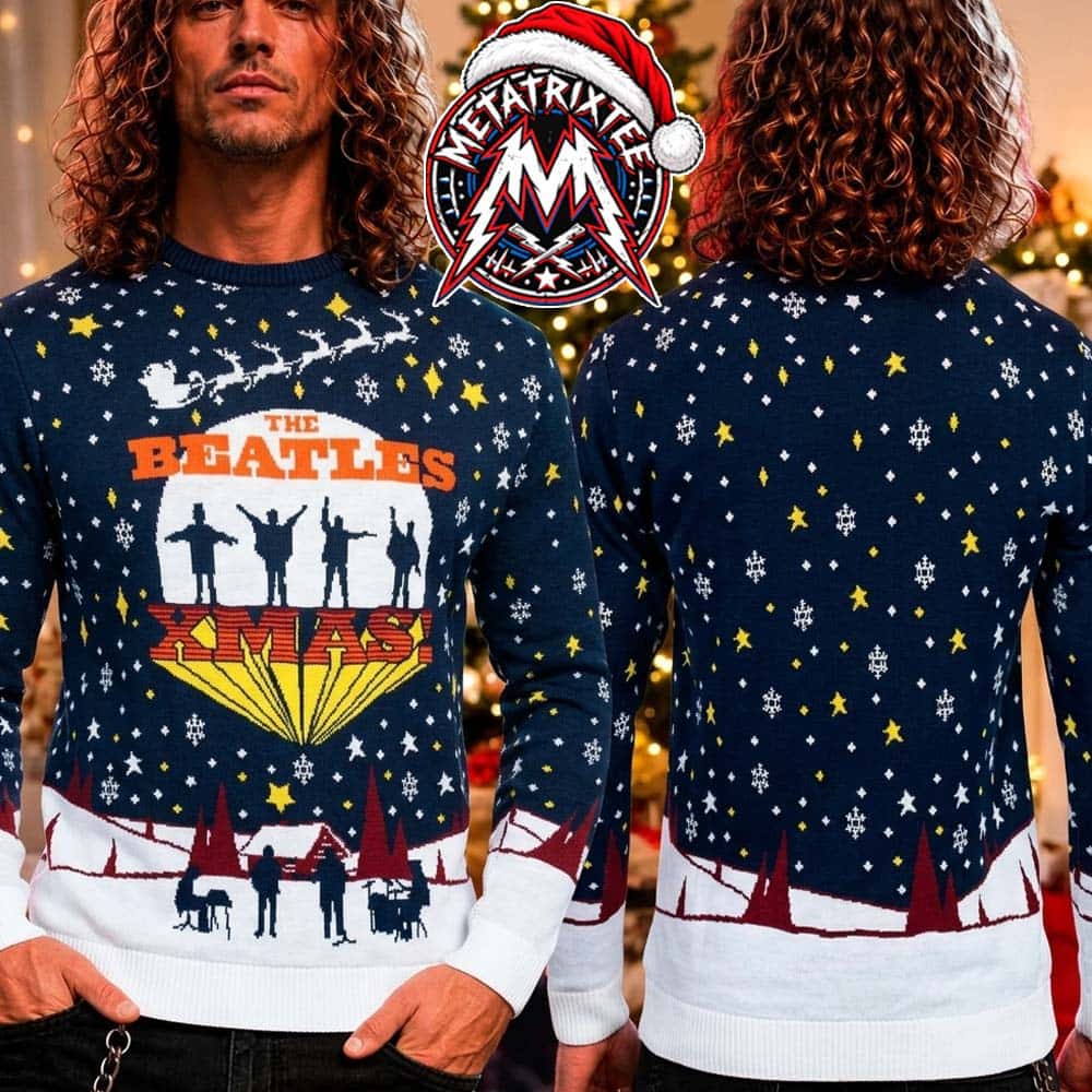 The Beatles Rock Band Silhouette Snowy Village And Santa Sleigh Holiday Christmas Xmas Ugly Christmas Sweater The Beatles Rock Band Silhouette Snowy Village And Santa Sleigh Holiday Christmas Xmas Ugly Christmas Sweater