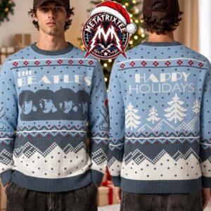 The Beatles Silhouette Portrait Happy Holidays Snow Mountain Pattern 2026 Knitted Ugly Christmas Sweater