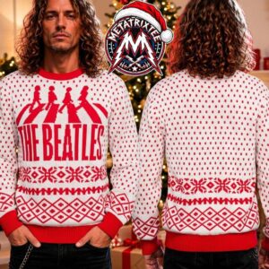 The Beatles Walking Crossing Abbey Road Silhouette Red White Pattern 2026 Knitted Ugly Christmas Sweater
