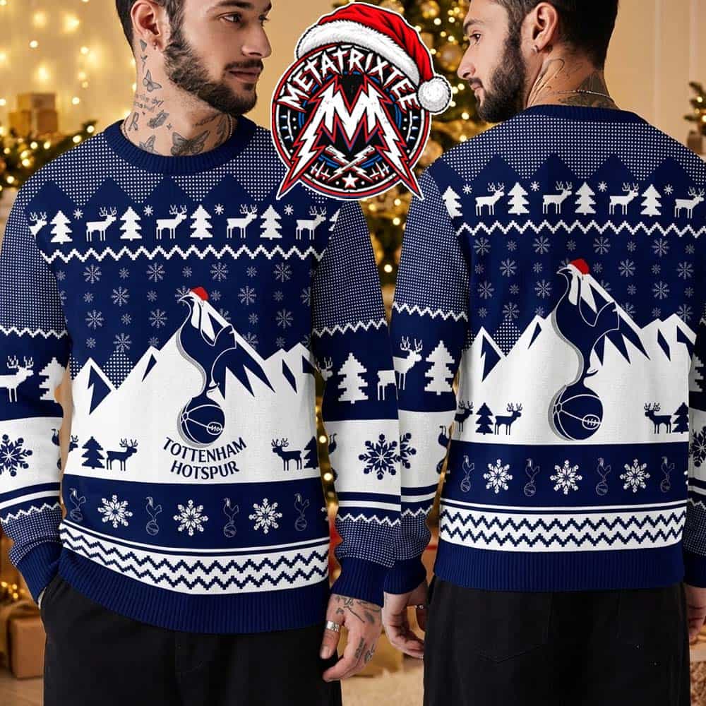 Tottenham Hotspur FC Snow Mountain Reindeer Snowflake Blue And White Pattern 2026 Knitted Ugly Christmas Sweater Tottenham Hotspur FC Snow Mountain Reindeer Snowflake Blue And White Pattern 2026 Knitted Ugly Christmas Sweater