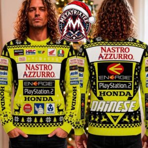 Valentino Rossi Nastro Azzurro Honda MotoGP Racing Yellow Christmas Pattern 2026 Knitted Ugly Christmas Sweater