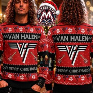 Van Halen Rock Band Logo Frankenstrat Guitar Merry Christmas 2026 Knitted Ugly Christmas Sweater