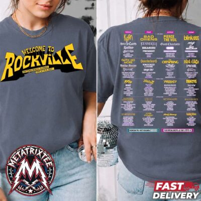 Charcoal grey crewneck T-shirt showing yellow Welcome To Rockville front lettering and full multi-day band lineup printed on the back.