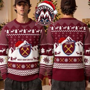West Ham United FC Christmas Reindeer Snowflake Crossed Hammers Santa Hat 2026 Knitted Ugly Christmas Sweater