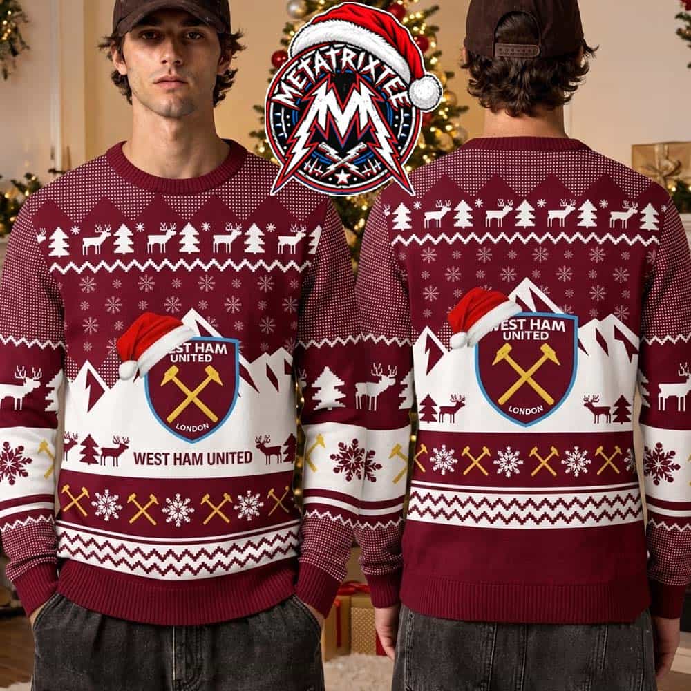 West Ham United FC Christmas Reindeer Snowflake Crossed Hammers Santa Hat 2026 Knitted Ugly Christmas Sweater West Ham United FC Christmas Reindeer Snowflake Crossed Hammers Santa Hat 2026 Knitted Ugly Christmas Sweater