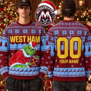 West Ham United FC Grinch In Santa Claus Outfit Logo Badge Gift For Fan Knitted Ugly Christmas Sweater
