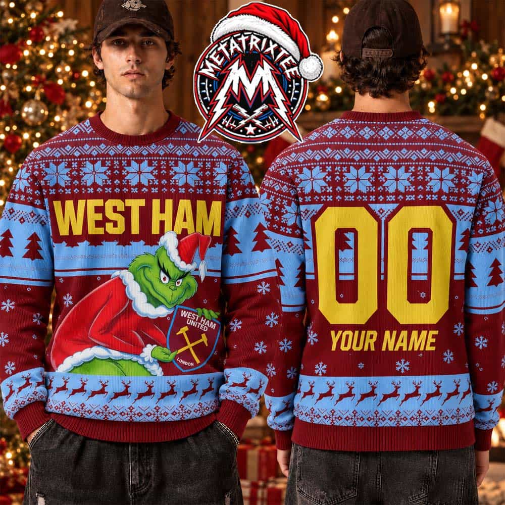West Ham United FC Grinch In Santa Claus Outfit Logo Badge Gift For Fan Knitted Ugly Christmas Sweater West Ham United FC Grinch In Santa Claus Outfit Logo Badge Gift For Fan Knitted Ugly Christmas Sweater