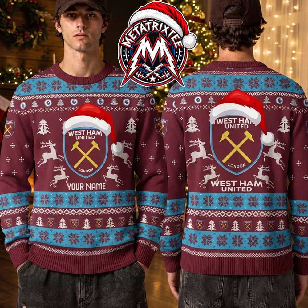 West Ham United Football Club Snowflake And Flying Reindeer Print 2026 Knitted Ugly Christmas Sweater West Ham United Football Club Snowflake And Flying Reindeer Print 2026 Knitted Ugly Christmas Sweater
