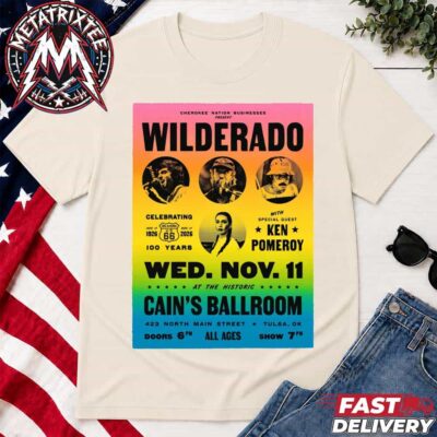 Cream t-shirt featuring a colorful retro Wilderado concert poster graphic celebrating Route 66 at Cain's Ballroom in Tulsa.