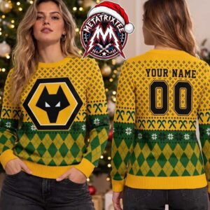 Wolverhampton Wanderers FC Wolves Logo Wolf Head Green Gold Argyle Snowflake Candy Cane 2026 Knitted Ugly Christmas Sweater