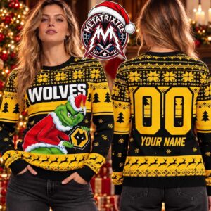 Wolverhampton Wanderers FC Wolves The Grinch Holding Logo Reindeer Snowflake 2026 Knitted Ugly Christmas Sweater