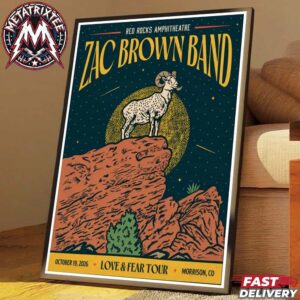 Zac Brown Band Red Rocks Amphitheatre Night 1 Poster For Morrison Colorado On October 19 Love And Fear Tour 2026 Premium Poster Canvas